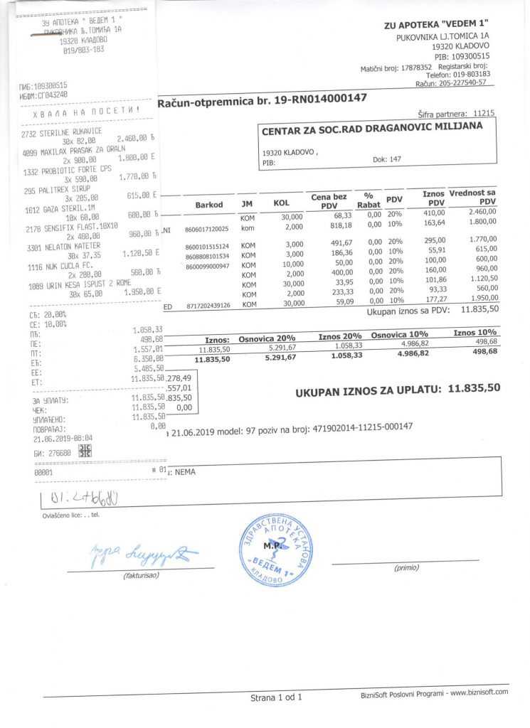 Medicinska oprema za Milijanu 1