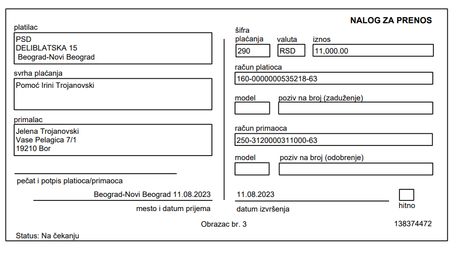 Donacija od 11. 000 rsd za Irinu Trojanovski /E*INTELLIGENCE” d.o.o .Beograd/ 2