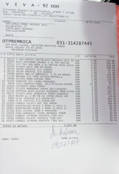 Kupovina namirnica porodici Todosijević/Jeremić - uspešna akcija 2 Kupovina namirnica porodici Todosijević/Jeremić-otpremnica